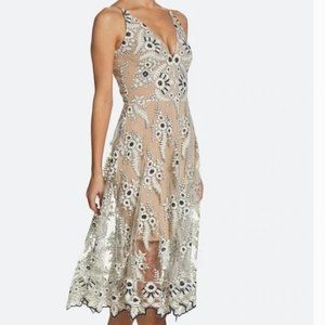 Dress the Population Audrey Lace Overlay Midi Dress Navy Nude